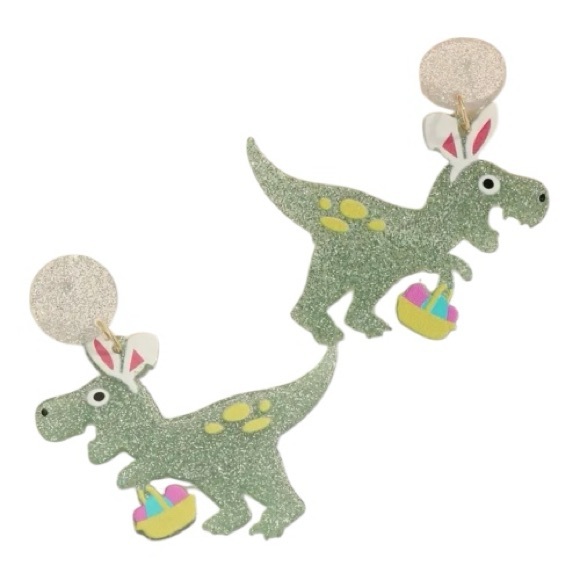 Whimsy_and_Rose Jewelry - Glittery Dinosaur Bunny Dangle Earrings